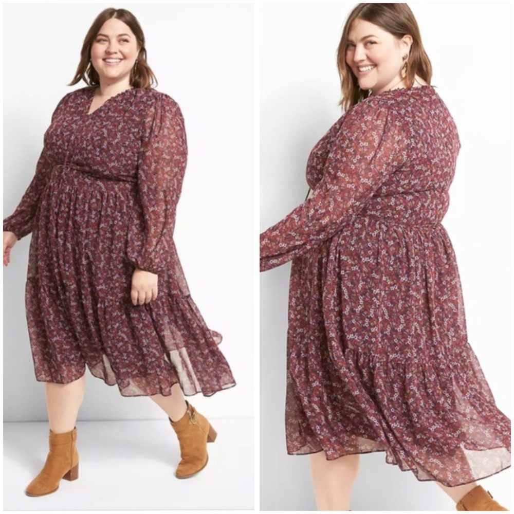 Lane Bryant Floral Tiered Midi Dress Womens 14/16 Red Cottage Prairie Romantic